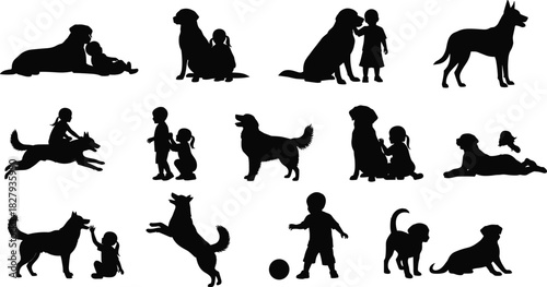 Vector Collection of Children and Dogs Silhouettes, Illustrating Playful Interaction, Friendship, and Pet Companionship, Ideal for Themes of Loyalty and Childhood Memories.