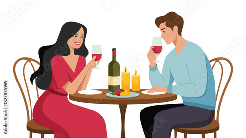 romantic couple dining at candlelit table with wine and strawberries, celebrating love, date night, and special occasion