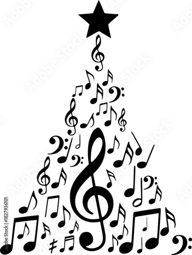 Christmas tree made of musical notes with star on top.