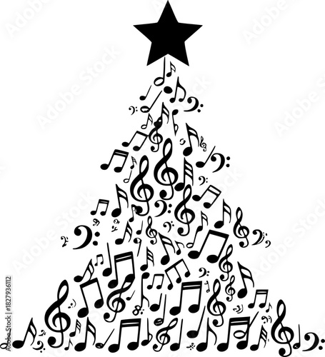Christmas tree made of musical notes with star on top.