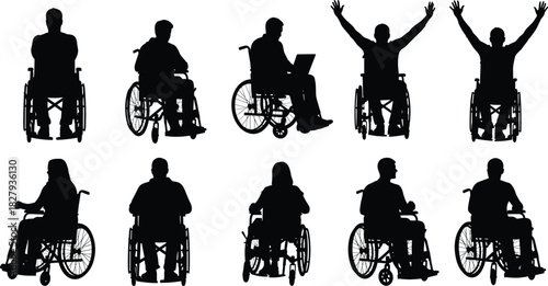 Vector silhouettes of diverse wheelchair users, showcasing independence, technology use, work, and celebratory triumph, promoting accessibility and inclusion on a pure white background.