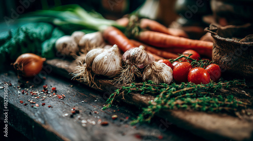 Still life of fresh vegetables including garlic carrots tomatoes and herbs on wood table