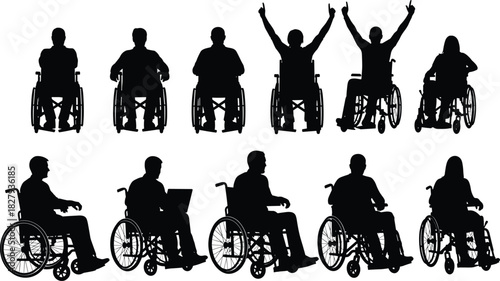 Disabled people silhouettes, set of diverse adults in wheelchairs, showing different activities, emotions, lifestyle, independence, work, and celebrating victory on white background.