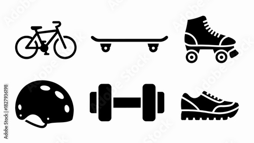 Active Lifestyle Icons Set Featuring Bicycle Skateboard Roller Skate Helmet Dumbbell and Running Shoe