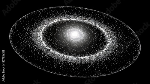 Abstract Black and White Galaxy Illustration with Dotted Texture and Central Bright Light Source for Cosmic Background