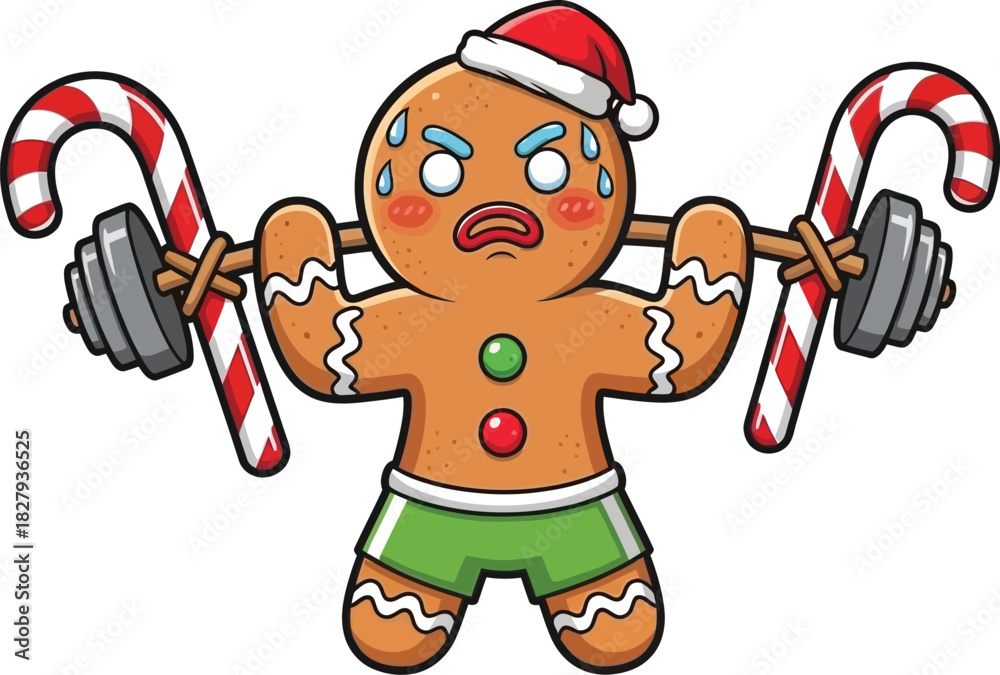 Obraz premium A gingerbread man wearing a santa hat lifting candy cane weights with a strained expression on his face