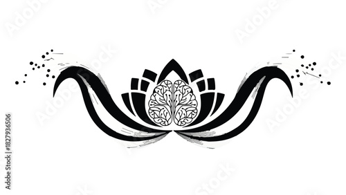 Elegant black and white lotus flower design with intricate inner details and subtle dotted accents
