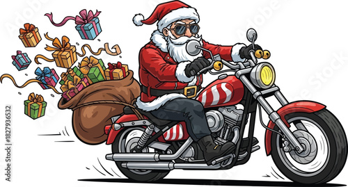 Santa claus riding a red motorcycle with a sack full of presents on a white background