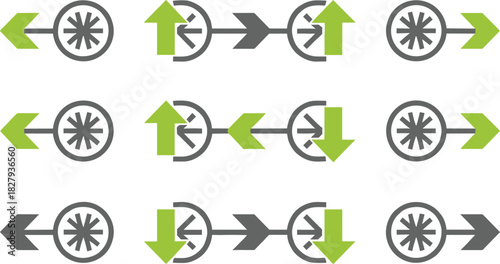 Vector set of solid black icons for technology, data structure, networking connections, and abstract science or engineering concepts.
