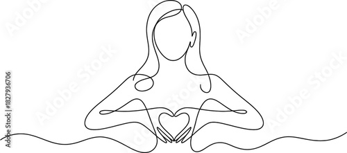 One continuous line art drawing of a minimalist woman holding a heart shape with her hands, symbolizing love, care, and self-love on a white background. Vector, illustration