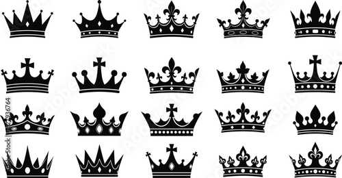 Extensive assortment of majestic black crown silhouettes in vector format, representing kings, queens, and concepts of success, luxury, and exclusive royal achievement.