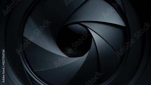 Macro close-up of a black camera shutter iris opening and closing with metallic aperture blades, symbolizing photography and digital optics technology