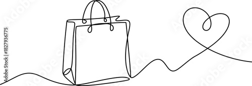 Continuous line art drawing of a shopping bag and heart, representing consumerism, retail, purchasing, love, gift giving, and online shopping. Vector, illustration