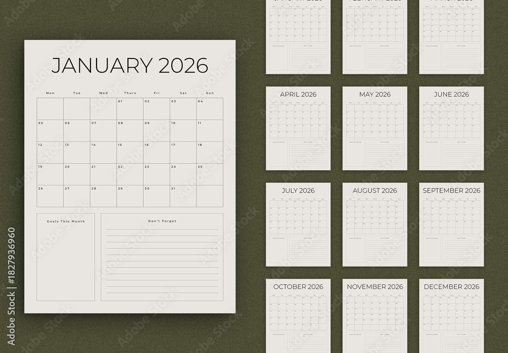 Minimal 2026 Calendar Layout Stock Template | Adobe Stock