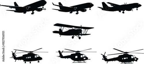 High-quality vector set of nine detailed black aircraft silhouettes, encompassing modern passenger airliners, classic propeller biplanes