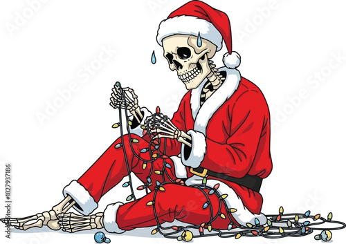 A skeleton in a santa suit sitting and untangling christmas lights with sweat drops on white background