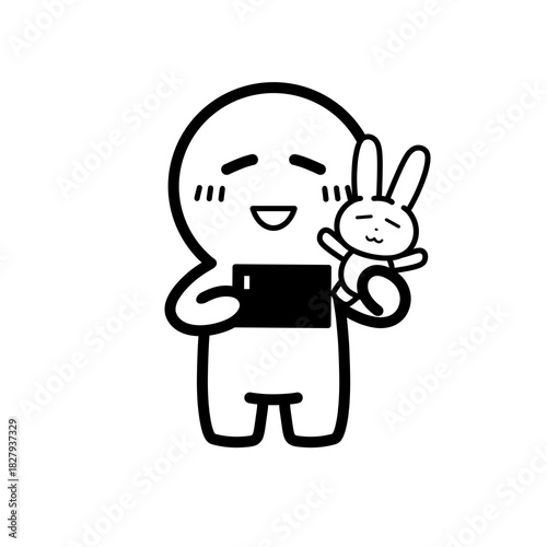 ぬいぐるみと一緒に写真を撮る人物　イラスト