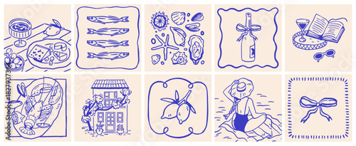 La Dolce Vita square card designs. Doodle summer vacation, sea food, lemon, Italian cheese, lobster, wine bottle, book, holiday resort in ink sketch retro style. Hand-drawn vector illustrations.