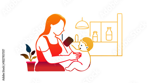 A mother feeding her baby with a bottle in a peaceful room filled with soft pastel colors