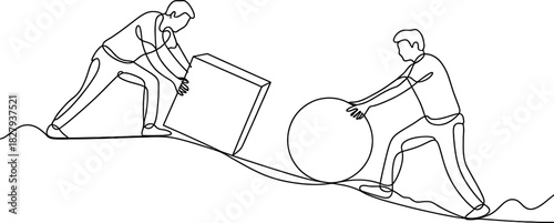 Line art: smart work. person pushes sphere, another struggles with block. efficiency, strategy, problem-solving, innovation. Vector, illustration