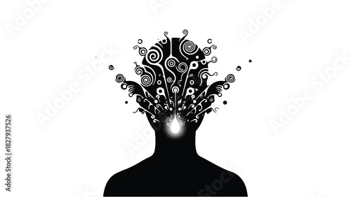 Silhouette of a person's head exploding with creative ideas and abstract patterns