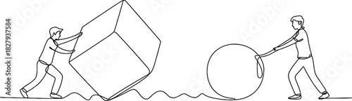 One man pushing a square block with great effort on an uneven path while another effortlessly pulls a round sphere, smart work concept Vector, illustration