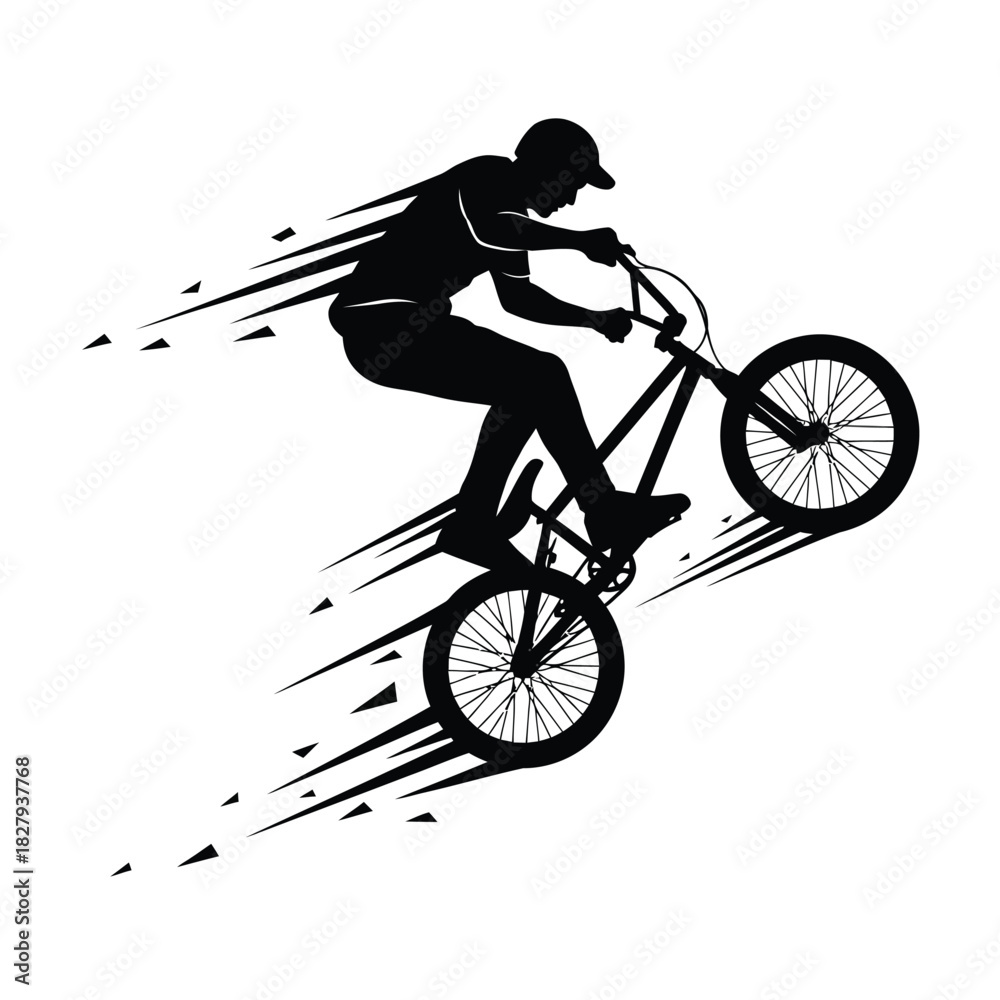 Fototapeta premium BMX Biker Silhouette Vector Extreme Sport Freestyle Cycling Bike Stunt Jumps Freestyle Tricks Athlete Performing Black and White Graphic Action