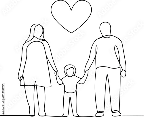 Continuous line drawing happy family love heart concept