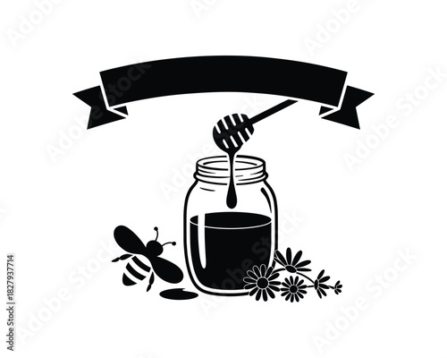 Monochrome honey jar design with honey dipper banner 