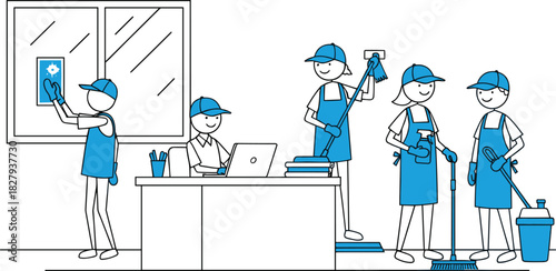 Stick-figure vector illustration of a professional cleaning crew using mops and squeegees to clean a modern corporate office space.