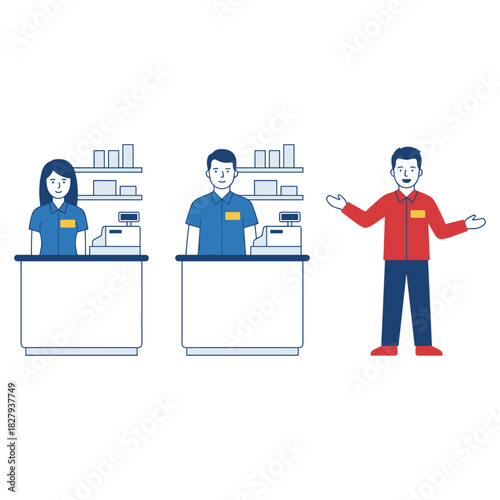 Friendly faces in service: Depicting a scene of customer service with employees, and a cashier offering warm greetings. The illustration reflects an inviting atmosphere.
