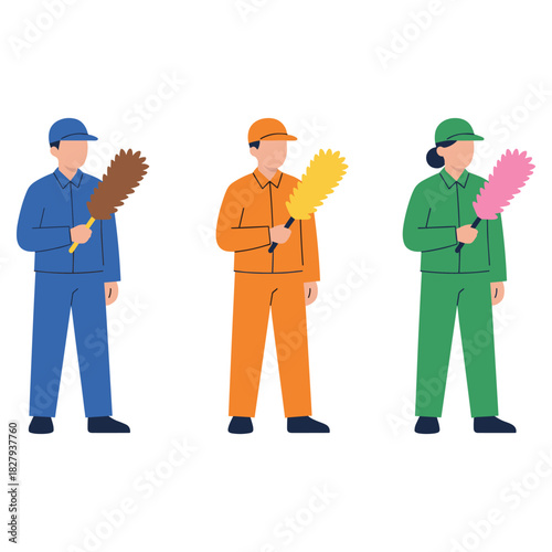Colorful Crew of Sanitation Workers: A trio of sanitation workers, each donned in vibrant uniforms, stand ready with their cleaning tools, epitomizing dedication and teamwork in a modern.