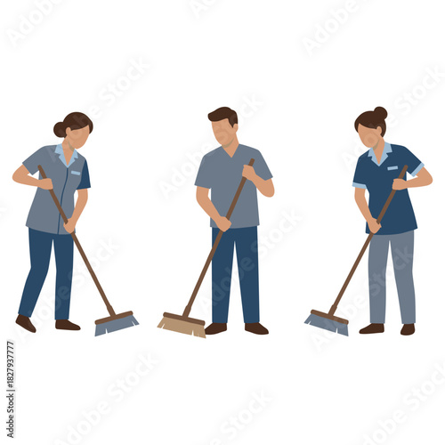 Cleaning Crew in Uniform: A team of dedicated individuals, clad in professional attire, diligently sweeping with brooms. The image embodies the essence of cleanliness and collaborative effort.