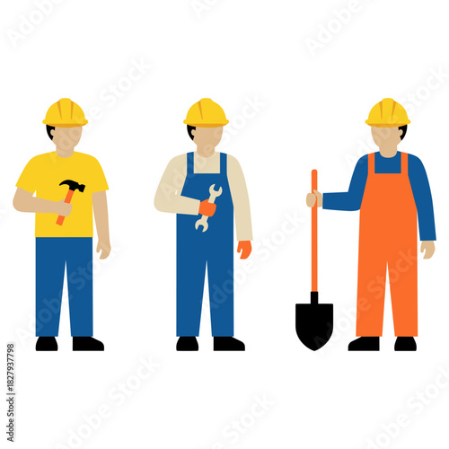 Workers at Construction Site: A group of construction workers stand proudly, holding various tools that represent their skills and dedication. capturing the strength.