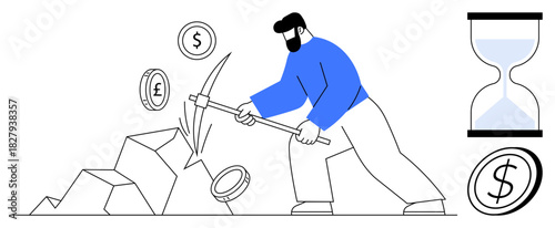 Man mining coins using pickaxe near rocks with currency symbols. Hourglass symbolizes time. Ideal for wealth, investment, effort, productivity, time management, financial growth, economic ideas