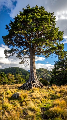 Majestic tree in a meadow under a blue sky