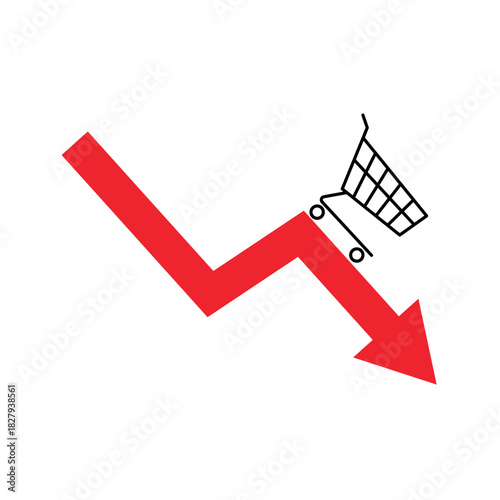 Illustration of purchasing trends during a recession. Red downward arrow and shopping cart.