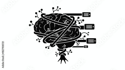 Abstract illustration of a brain connected to digital devices, symbolizing technology's impact on thought.