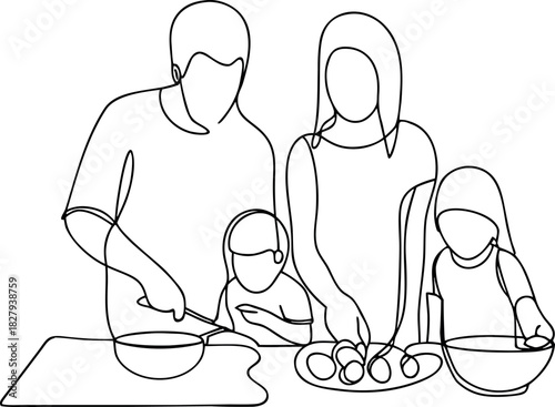 Family cooking together continuous line art design