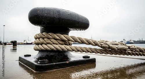 Heavy mooring rope secured to a black bollard on a wet dock surface.