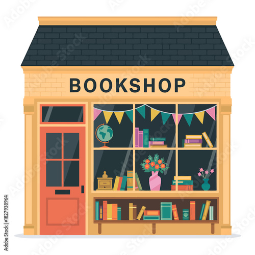 Bookshop storefront illustration with books and festive decor