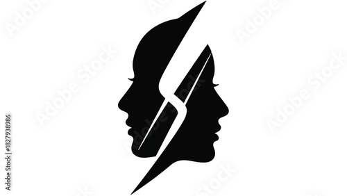 Abstract representation of two faces divided by a sharp, energetic line, symbolizing conflict or connection.