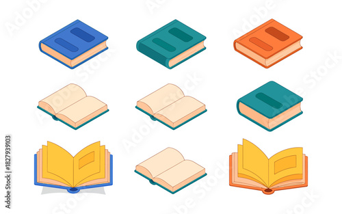 Isometric book collection for education, reading, study designs.