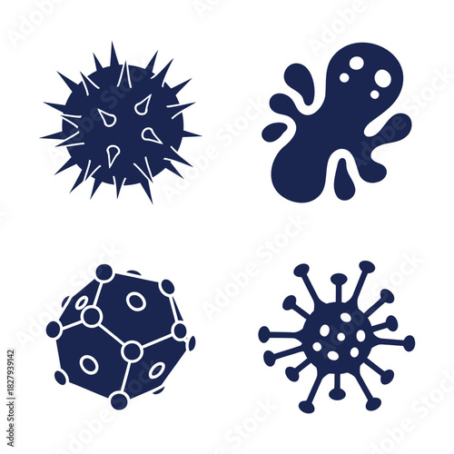 Four dark blue virus and bacteria icons on white background microbe germ