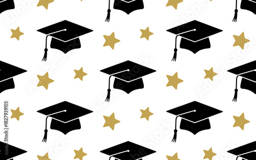 Seamless graduation cap and golden star pattern on white background