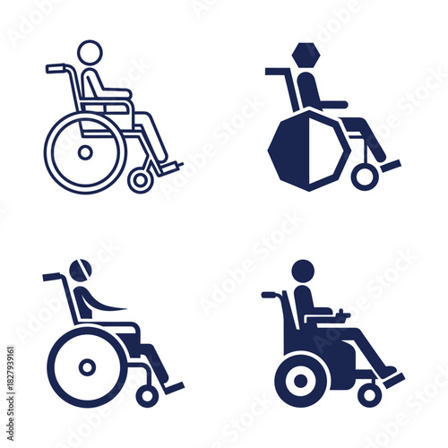 Four dark blue wheelchair icons on white background mobility accessibility vector