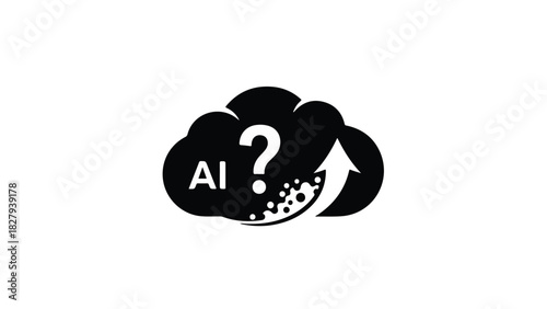 Cloud with AI and question mark, symbolizing uncertainty and growth in artificial intelligence