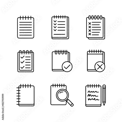 Notebook and checklist line icons set for planning and tasks.