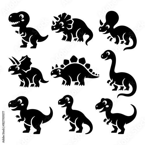 Cute dinosaur silhouettes in various poses and shapes for children s art and design projects