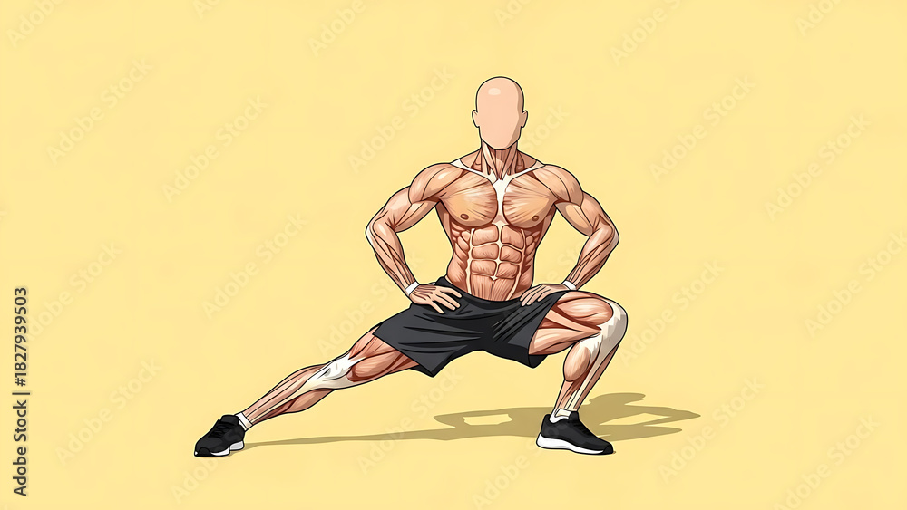 Obraz premium Male Athlete Side Lunge Exercise Illustration on Yellow Background